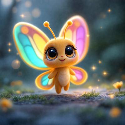The primary subject of the image is a small, colorful butterfly. The butterfly is flying in a forest setting, with trees in the background. The visual style of the image is digital art, as it appears to be a digital illustration or drawing. The colors and mood of the image are vibrant and cheerful, with the butterfly being the main focus and source of brightness in the scene.